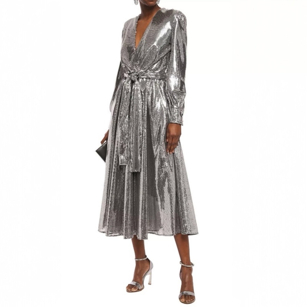 US 2 MSGM Silver Sequin Belted Midi Dress NWT